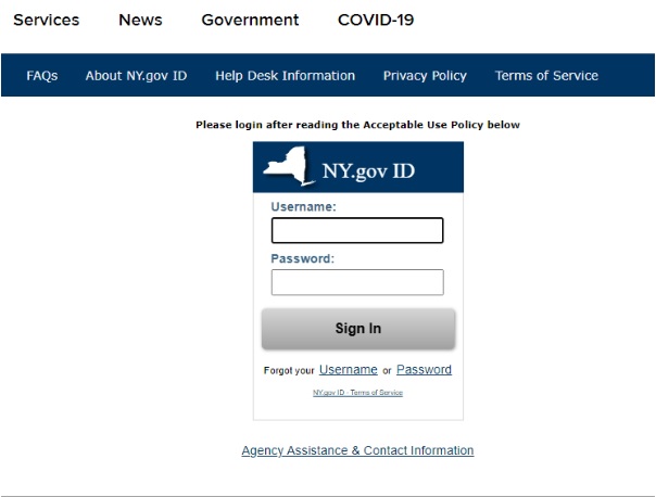Click on the log in, NY gov button.